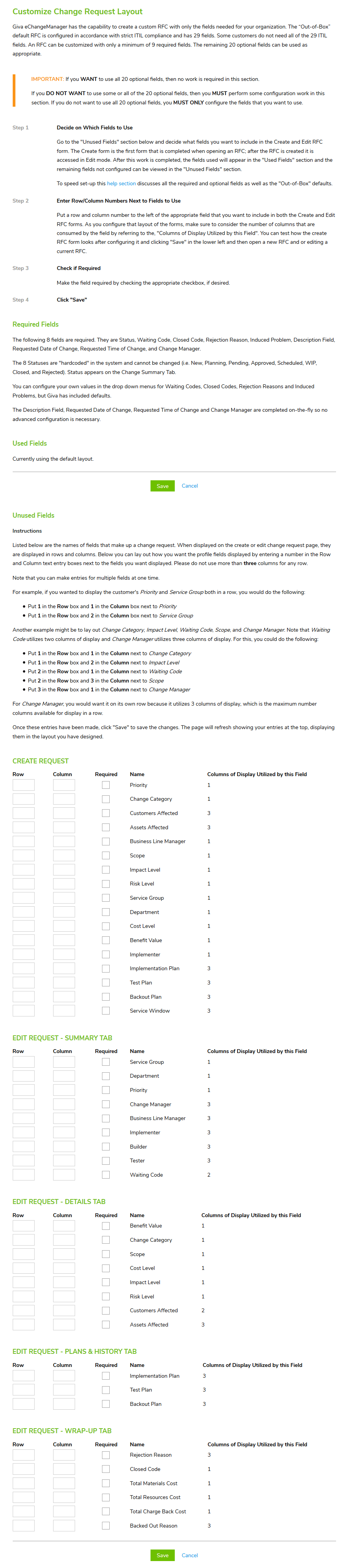 Customize Change Management Request Layout